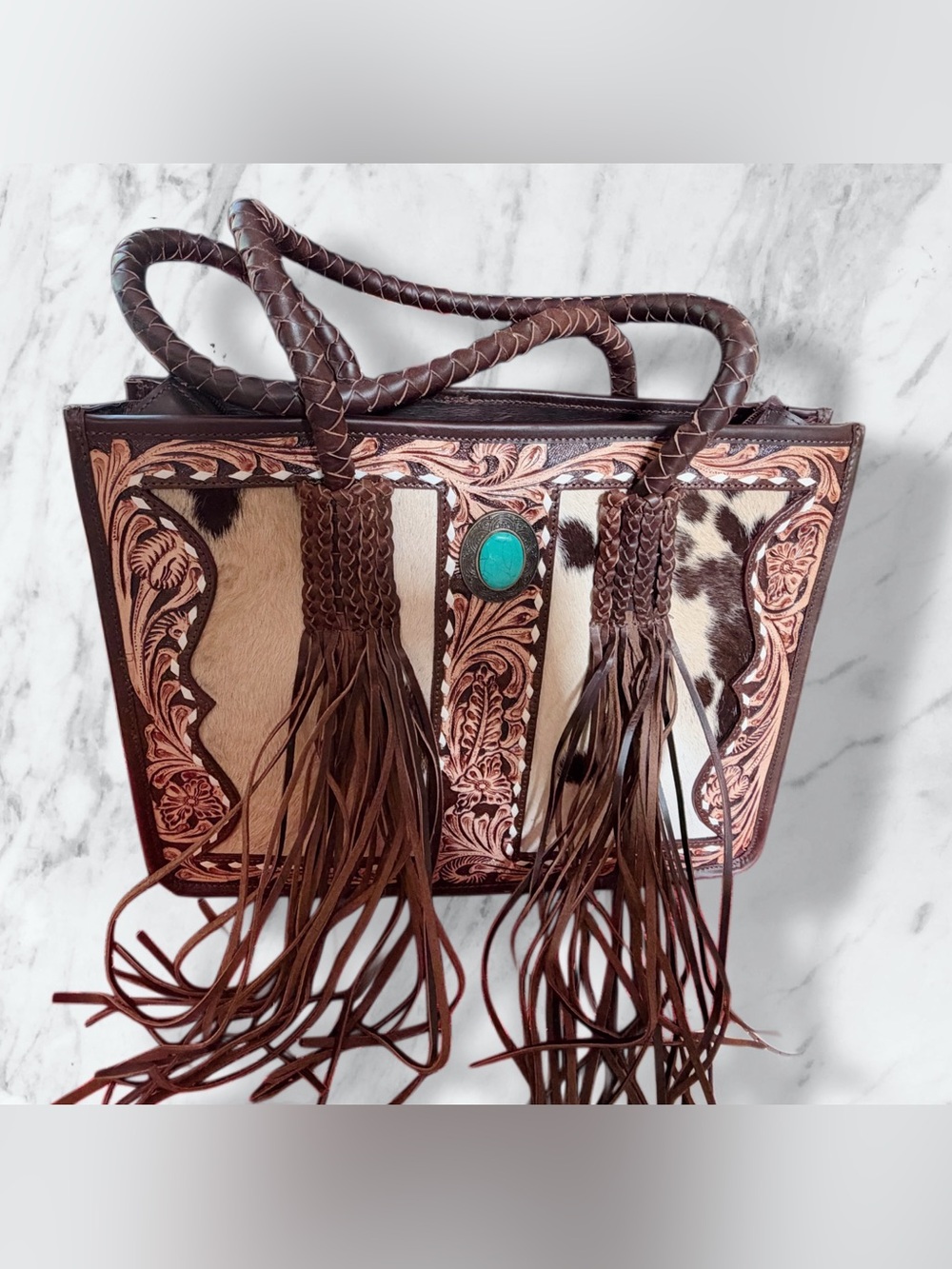 turqoise concho cowhide brown fringe western tote cc